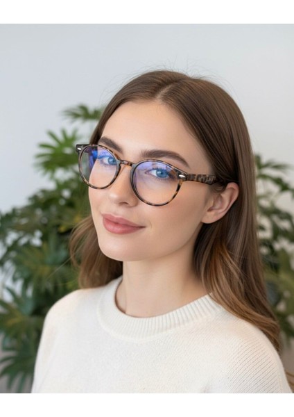 Roller Yuvarlak Leopar Desenli Unisex Kadın Erkek Popüler Gözlük Mavi Işık Korumalı Gözlük