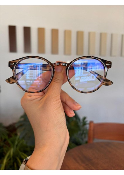 Roller Yuvarlak Leopar Desenli Unisex Kadın Erkek Popüler Gözlük Mavi Işık Korumalı Gözlük
