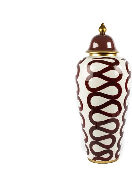 Beyaz Bordo Desenli Küp Kapaklı Vazo 25X61CM