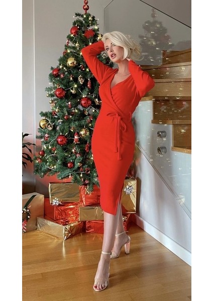 Mdb Kadın Uzun Kollu Kruvaze Yaka Bağcık Detay Akrilik Mini Boy Elbise fırsatları