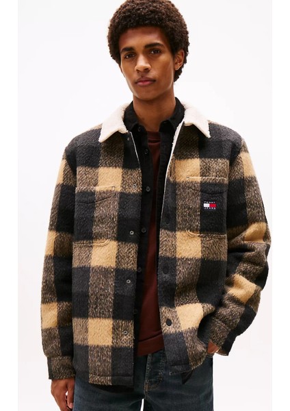 Erkek Regular Kalıp Pelüş Yakalı Kareli Gömlek Ceket - Siyah/kahverengi