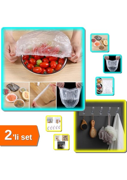 100 Adet Lastikli Tencere + Tabak Bonesi + 5li Şeffaf Yapışkanlı Askı 2'li Set Q3D5F6