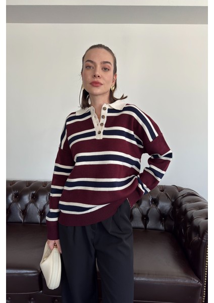 Polo Yaka Uzun Kollu Çizgili Kazak- Bordo