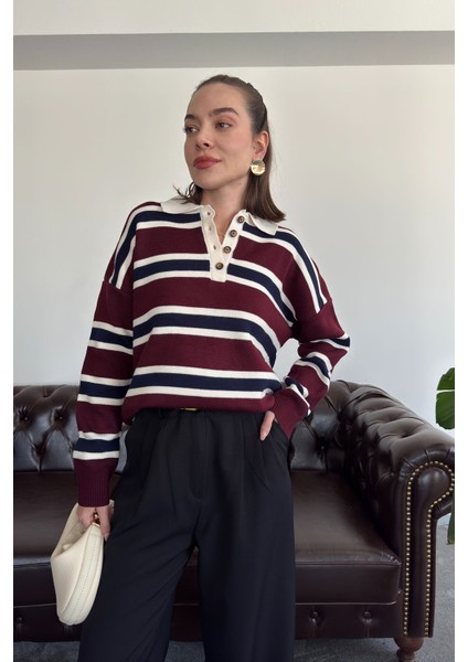 Polo Yaka Uzun Kollu Çizgili Kazak- Bordo