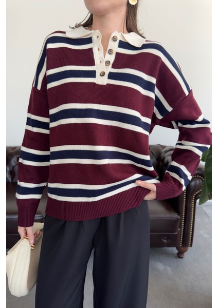Polo Yaka Uzun Kollu Çizgili Kazak- Bordo