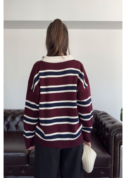Polo Yaka Uzun Kollu Çizgili Kazak- Bordo