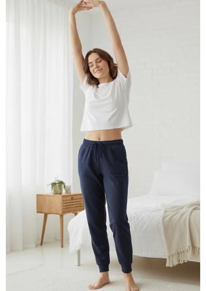 %100 Pamuk Süprem Kadın Pijama Altı Cepli Rahat Kalıp Manşet Paça Lastikli Ipli Terletmez Esnek Lacivert fiyatları