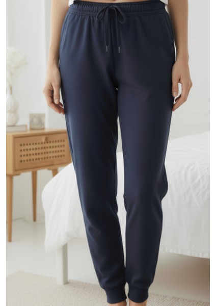 %100 Pamuk Süprem Kadın Pijama Altı Cepli Rahat Kalıp Manşet Paça Lastikli Ipli Terletmez Esnek Lacivert fırsatları