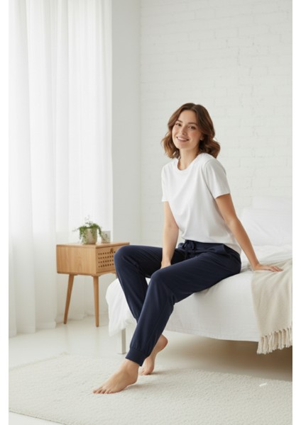%100 Pamuk Süprem Kadın Pijama Altı Cepli Rahat Kalıp Manşet Paça Lastikli Ipli Terletmez Esnek Lacivert indirimleri