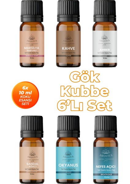 Gök Kubbe Oda Kokusu 6'lı Set- Doğal Esansiyel Uçucu Yağ, Difüzör Esansı, Buhurdanlık Yağı
