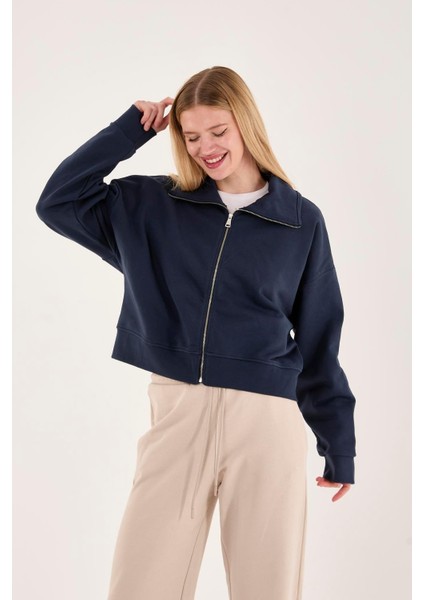 %100 Pamuk Fermuarlı Yüksek Yakalı Kadın Sweatshirt