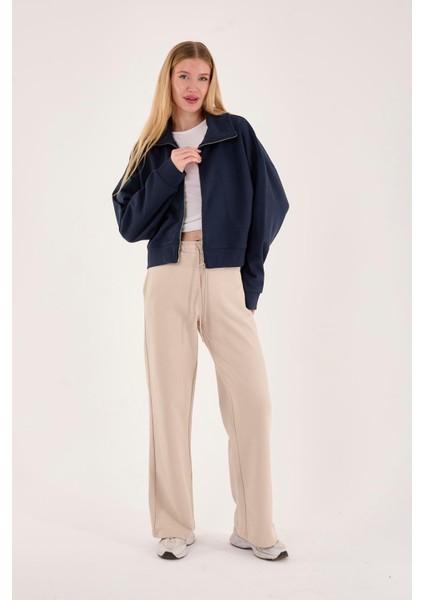 %100 Pamuk Fermuarlı Yüksek Yakalı Kadın Sweatshirt