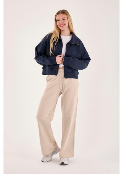 %100 Pamuk Fermuarlı Yüksek Yakalı Kadın Sweatshirt