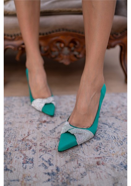 Joyce Kadın Yeşil Saten Taş Detay Topuklu Ayakkabi
