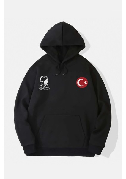 10 Kasıma Özel Üç Iplik Kapşonlu Baskılı Sweatshirt - Siyah fiyatları