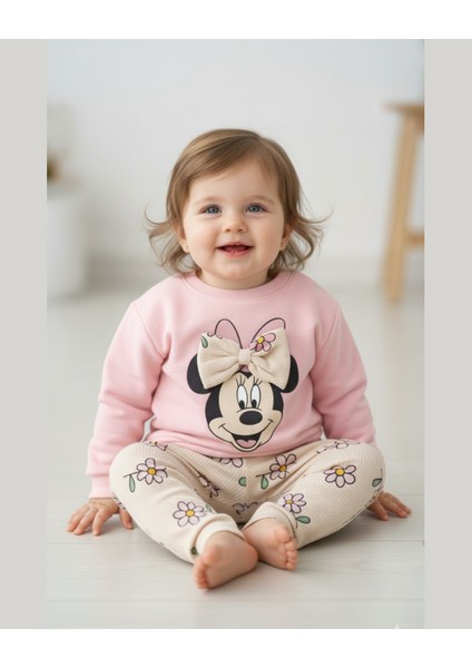 Kız Bebek Fiyonklu Karakter Baskılı 2’li Takım – Pudra / Gül Kurusu / Yavruağzı (6–24 Ay)