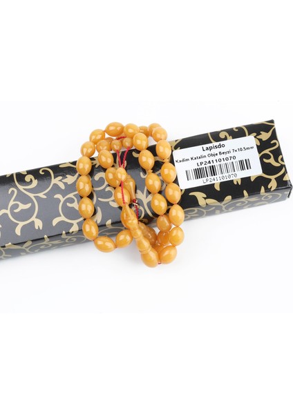 Kadim Katalin Eski Zil Kulpu Obje Usta Işi Imzalı Beyzi Kesim 7X10.5MM Tesbih -Sarı