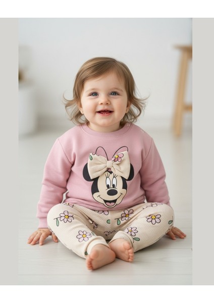 Kız Bebek Fiyonklu Karakter Baskılı 2’li Takım – Pudra / Gül Kurusu / Yavruağzı (6–24 Ay)