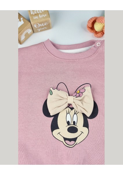 Kız Bebek Fiyonklu Karakter Baskılı 2’li Takım – Pudra / Gül Kurusu / Yavruağzı (6–24 Ay) modelleri