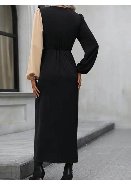 Kadın Uzun Kollu Kruvaze Yakalı Belden Çapraz Detaylı Çift Renkli Midi Ithal Krep Elbise indirimleri