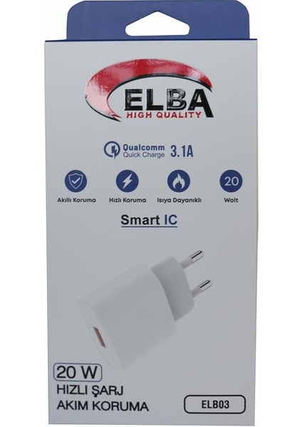 Elba ELB03-20USB Beyaz 20W USB Şarj Kafa Qc4.0(Akıllı Koruma-Hızlı Şarj-Isıya Dayanıklı)