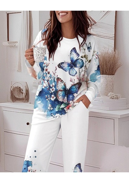 Kadın Uzun Kollu Bisiklet Yaka Kelebek Desenli Iki Iplik Alt Üst Takım fiyatları