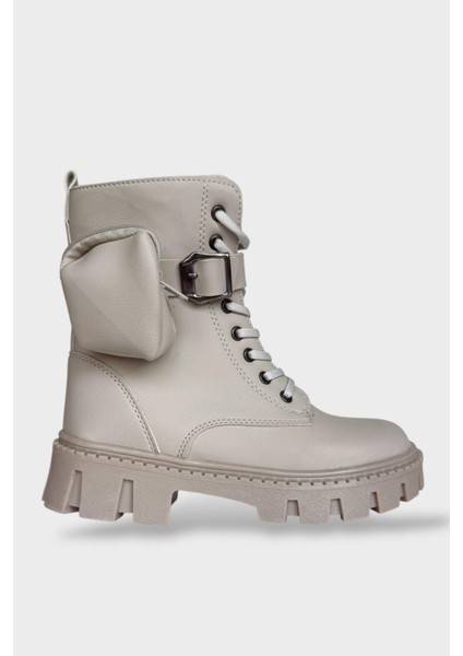 Kadın Çanta Detay Yüksek Kalın Taban Bağcıklı Fermuarlı Bot Bej