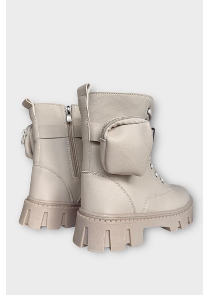 Kadın Çanta Detay Yüksek Kalın Taban Bağcıklı Fermuarlı Bot Bej indirimleri