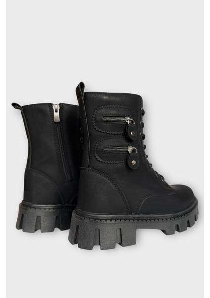 Kadın Fermuarlı Kalın Taban Bot Siyah - Gümüş indirimleri
