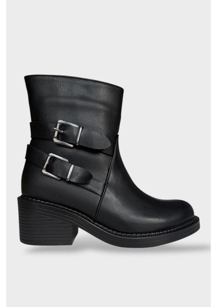 Toka Detaylı Topuklu Fermuarlı Kadın Bot Siyah