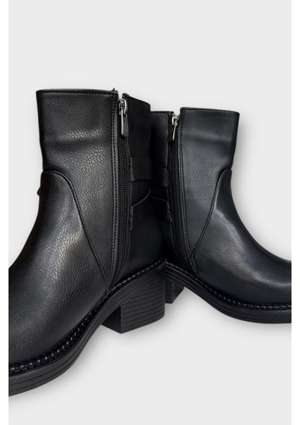 Toka Detaylı Topuklu Fermuarlı Kadın Bot Siyah modelleri