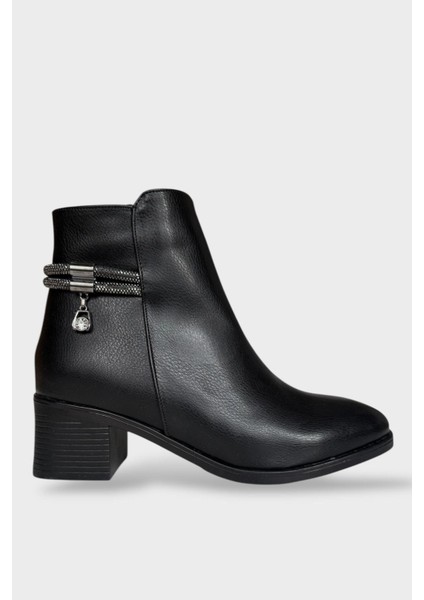 Kadın Taş Zincir Detaylı Topuklu Kadın Bot Siyah