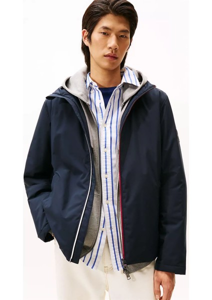 Erkek Regular Fit Fermuarı Şerit Detaylı Kapüşonlu Mont - Lacivert