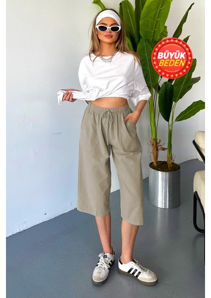 Kadın Büyük Beden Yüksek Bel Keten Görünümlü %100 Pamuk Kapri W203-62