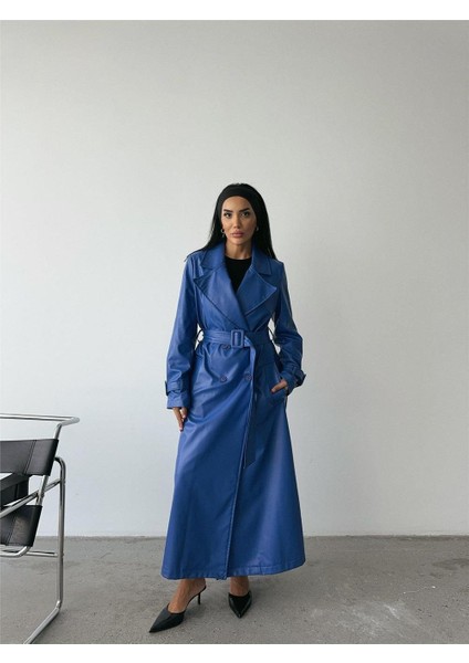 Deri Görünümlü Düğmeli Trençkot