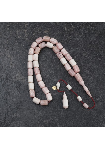 Katalin Dinlenmiş Çubuk Usta Işi Imzalı Kapsül Kesim 9X12MM Tesbih -Beyaz Alacalı