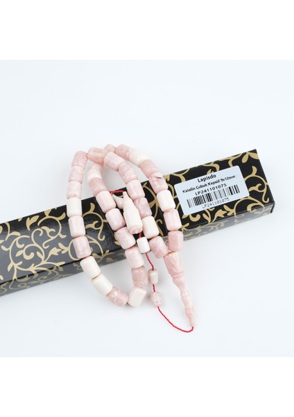 Katalin Dinlenmiş Çubuk Usta Işi Imzalı Kapsül Kesim 9X12MM Tesbih -Beyaz Alacalı