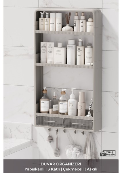 3 Katlı Çekmeceli Askılı Duş Rafı Şampuanlık Sabunluk Havluluk Duvar Düzenleyici Organizer Bej