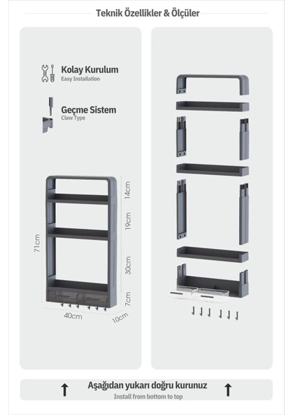 3 Katlı Çekmeceli Askılı Duş Rafı Şampuanlık Sabunluk Havluluk Duvar Düzenleyici Organizer Bej indirimleri