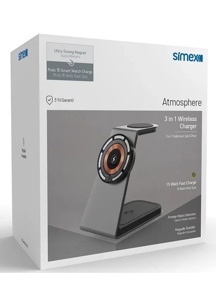 Simex 15W 3in1 Hızlı Manyetik Masaüstü Metal Magsafe Kablosuz Şarj Standı Telefon Tutucu Simex Atmosphere modelleri
