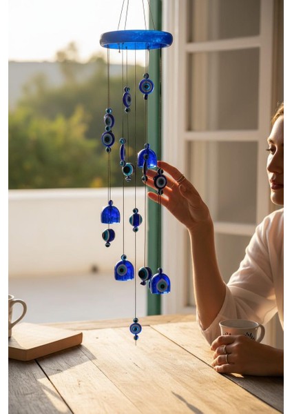 Feng Shui Nazar Boncuğu Rüzgar Çanı Metal Kötü Göze Karşı Dış Mekan Dekoratif Bahçe Kapı Süsü 80 Cm. modelleri