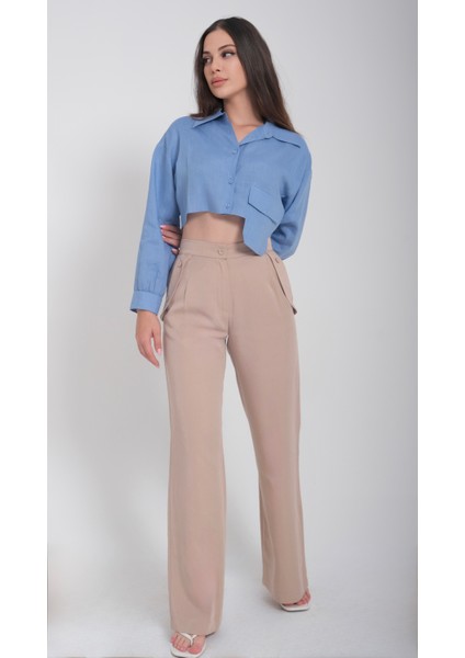 Kadın Cep Detaylı Palazzo Bej Pantolon
