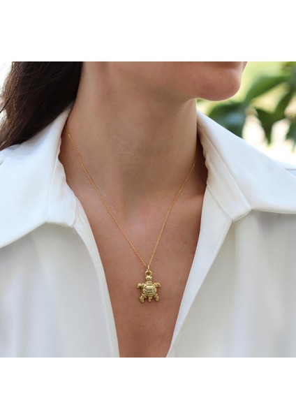 Kaplumbağa Bombeli Gold Gümüş Kolye