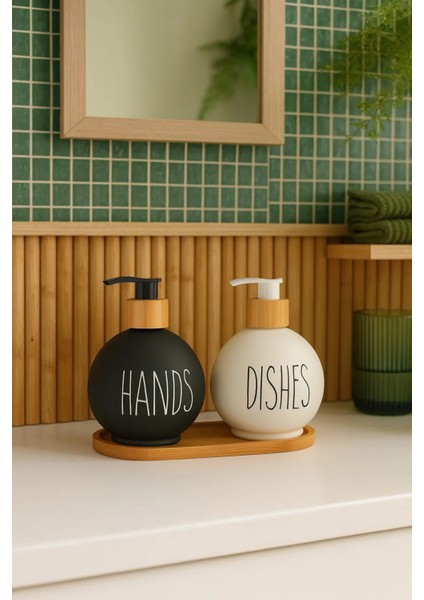 Bambu Stantlı Top Model Cam Sabunluk, Hands & Dishes 500 ml Sıvı Sabunluk Seti