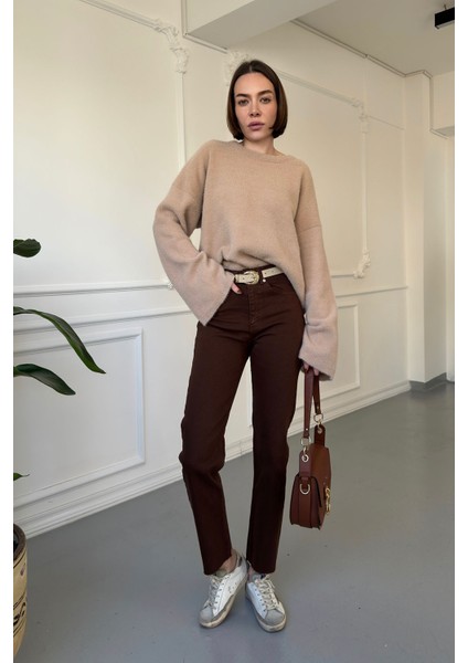 Kesik Paça Boyfit Jean- Kahverengi