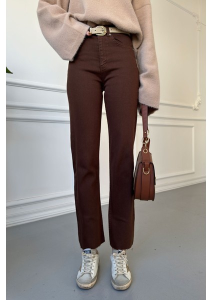 Kesik Paça Boyfit Jean- Kahverengi