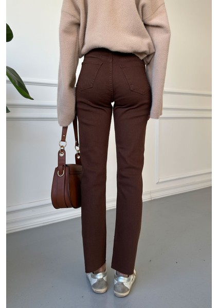 Kesik Paça Boyfit Jean- Kahverengi