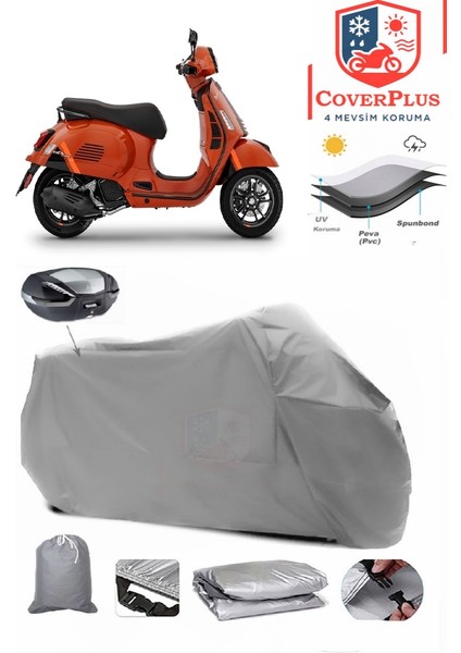 Vespa Gts 300 Super Motor Brandası Gri Arka Çanta Uyumlu Motorsiket Brandası Motor Örtüsü Çadır Su Geçirmez Motosiklet Kılıfı Motor Brandası