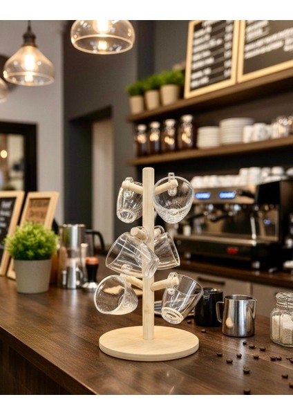 Bambu Ahşap Standlı 6’lı Espresso Fincanı Seti – Şık Sunum ve Kahve Servis Seti