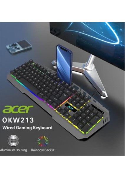 Acer OKW213 Gri Rgb Rainbow Backlit Gaming Keyboard Rainbow (Kablo Uzunluğu 1,5mt) fiyatları